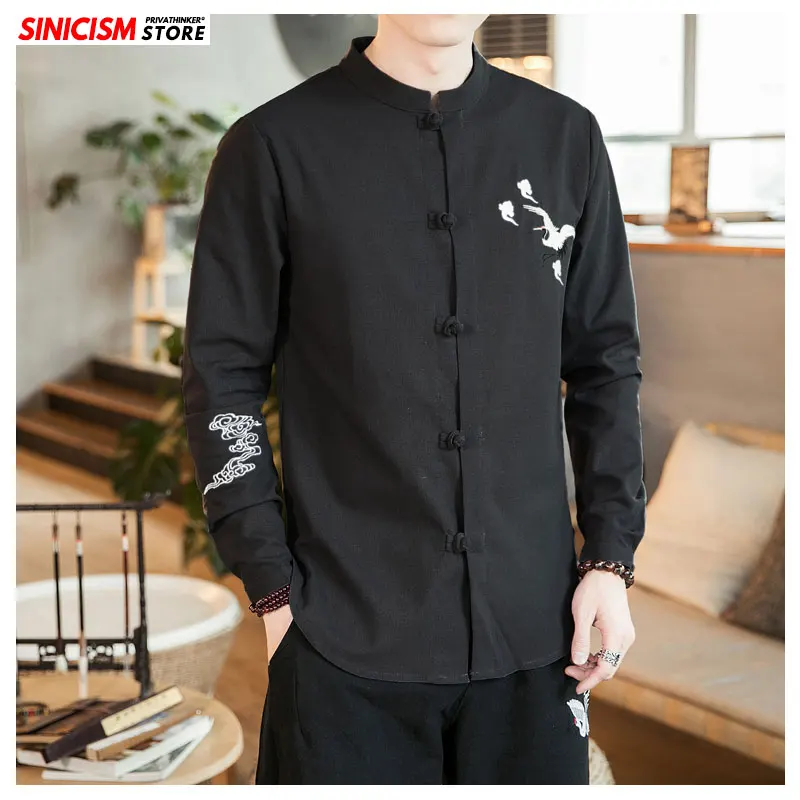Sinicism Store Мужская рубашка с вышивкой журавль длинным рукавом Осенняя винтажная