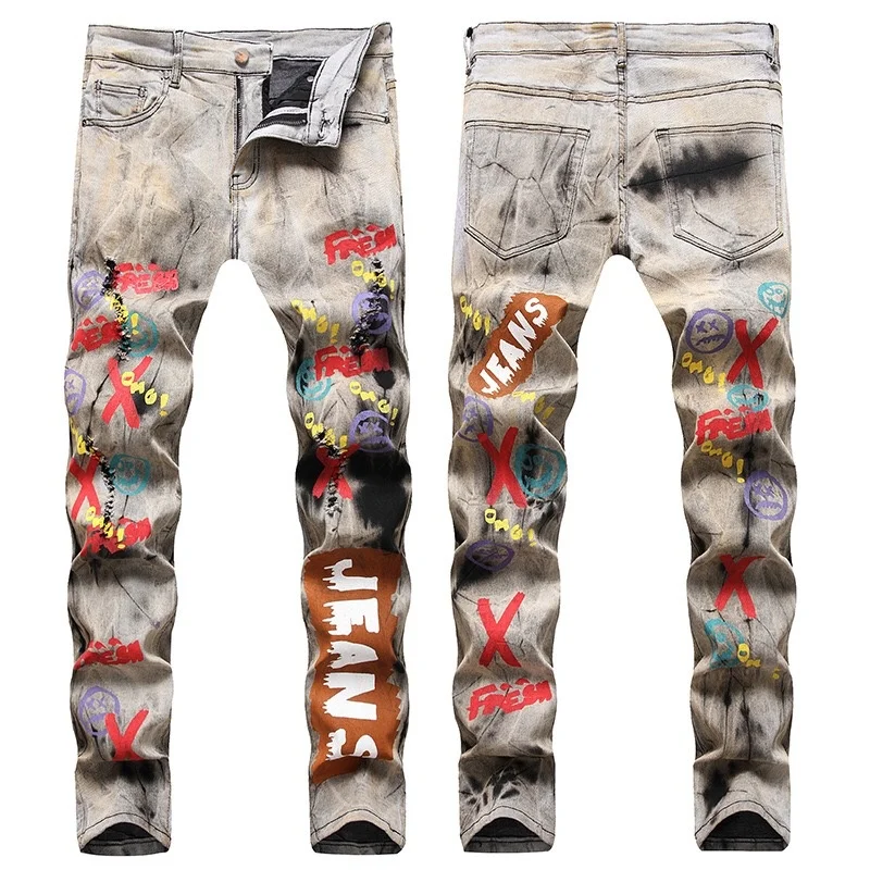 

American European and high street trend tie rinse water 3D stereo color English digital printing stretch slim jeans men