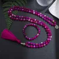 8mm rose red striped agate mala necklace 108 japamala beaded knotted meditation yoga spiritual life tree woman jewelry sets