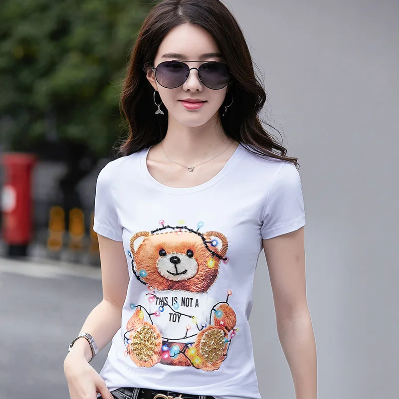 Летняя новая футболка ручной работы с рисунком медведя большой размер короткий