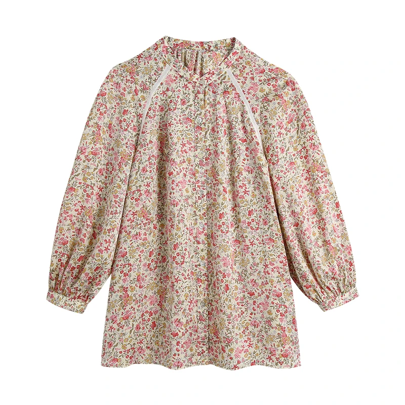 

Women za loose floral print blouse woman vintage fashion round neck Three Quarter sleeve lace trim button-up female shirt top