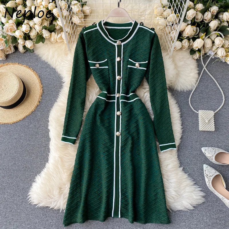 

Neploe O-neck High Waist A-line Dresses 2021 Autumn Chic Button Dress Women New Panelled Patckwork Knitted Femme Vestidos