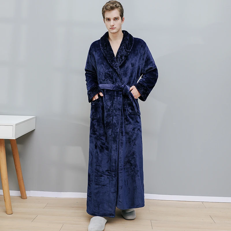 Men Winter Extra Long Knitted Waffle Flannel Coral Fleece Bathrobe Male Full Sleeve Kimono Bath Robe Women Warm Dressing Gown mens silk pajamas