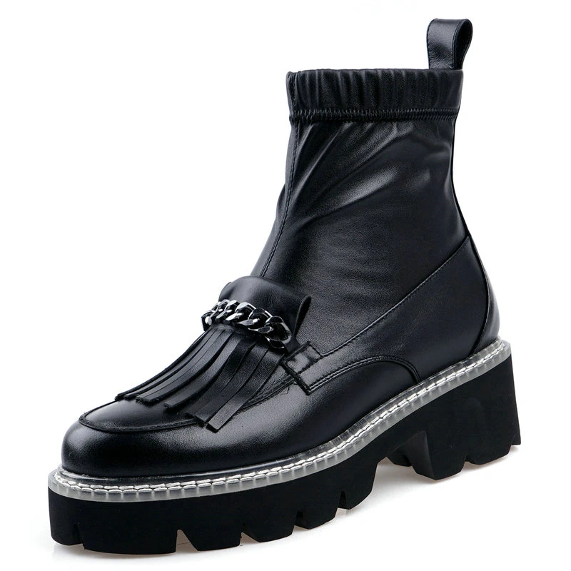 

Women's high Heeled Boots Genuine Leatehr Chunky Heels platform motorcycle Shoes Woman Winter Office Lady Working Ankle Boots