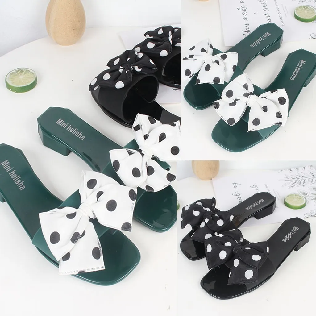 SAGACE Polka Dot Slipper Women Sandals Vintage Square Toe High Heel Summer Bow Slippers Casual Shoes Female | Обувь