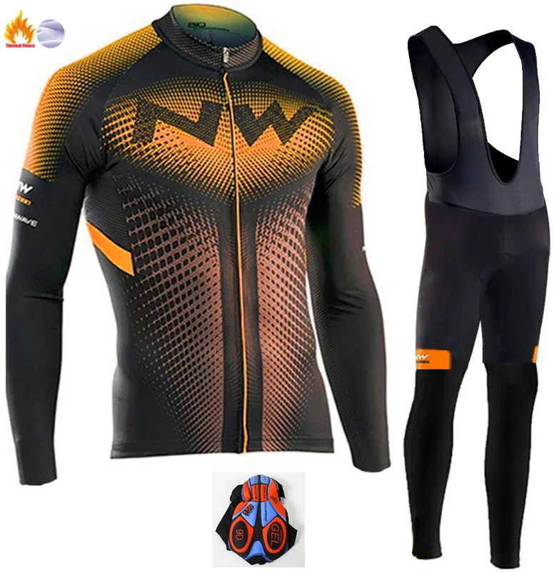 Winter Cycling Suit Northwave Winter thermal fleece Cycling Clothes NW men's Jersey suit outdoor riding bike MTB clothing warm Bib Pants set - Color: Winter Cycling Suit