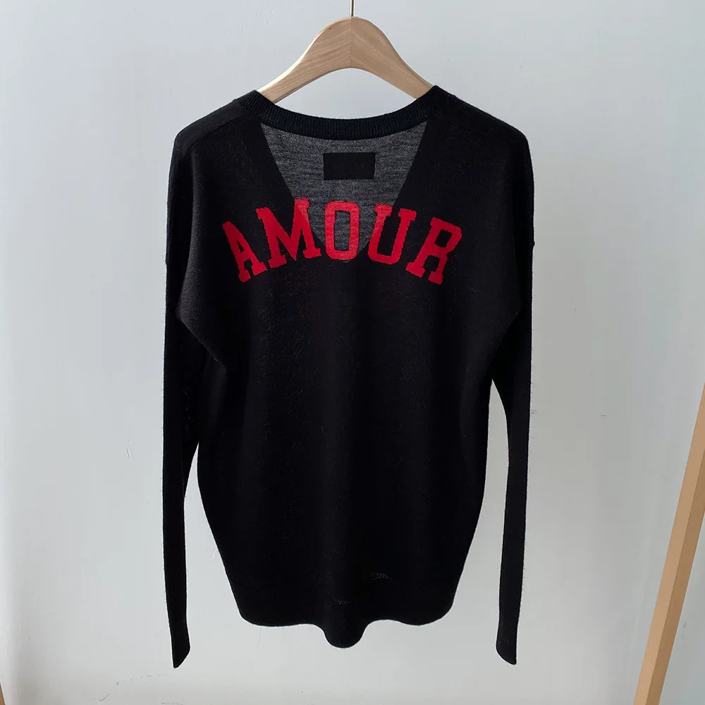 

Black or Gray Sweaters Women V-neck 100% Wool Letter Printed Knitwear Tops