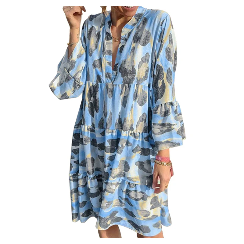 

2021 Autumn Spring Long-sleeved Leopard Plus Size Women V-neck Sweet Print Dress Ruffled Summer Casual Loose Mid-length Dresses
