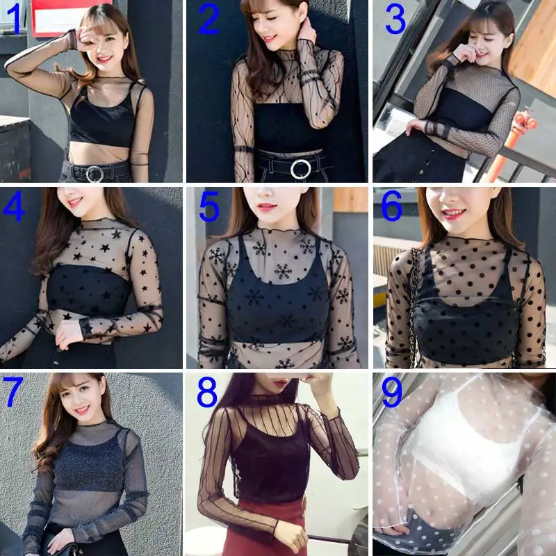 

Sexy Women Blouse See Through Transparent Mesh Long Sleeve Sheer Blouses Shirt Tops Tee CMG786