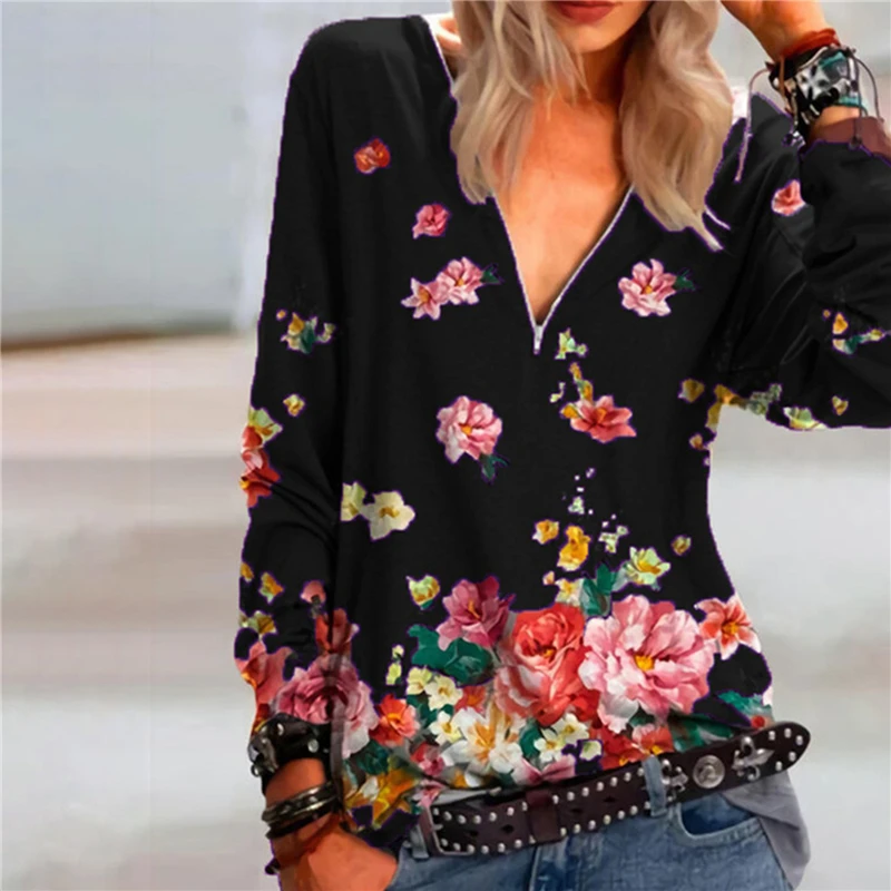 

2021 New Tees Women Floral Printed Long Sleeve Tops Female Zipper V Neck T-shirts Spring Summer Pullover Top Lady Casual Clothes