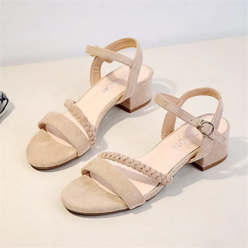 

Flock Beige High Heels Sandals Women Summer Shoes Women Fashion Open Toe Buckle Sandals Casual Square Heel Female Shoes