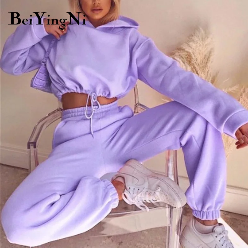 

Спортивный костюм Beiyingni с длинным рукавом для женщин, повседневный Однотонный женский комплект из двух предметов, Модные Винтажные укороче...