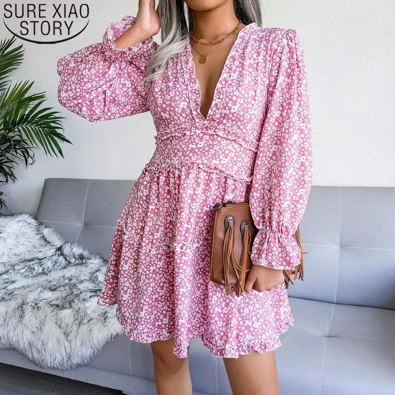 

Women Floral Mini Dress Spring Autumn 2021 Sexy V-neck Long Sleeve Chiffon Dresses A-line Long Sleeve Vestido Feminino 18106