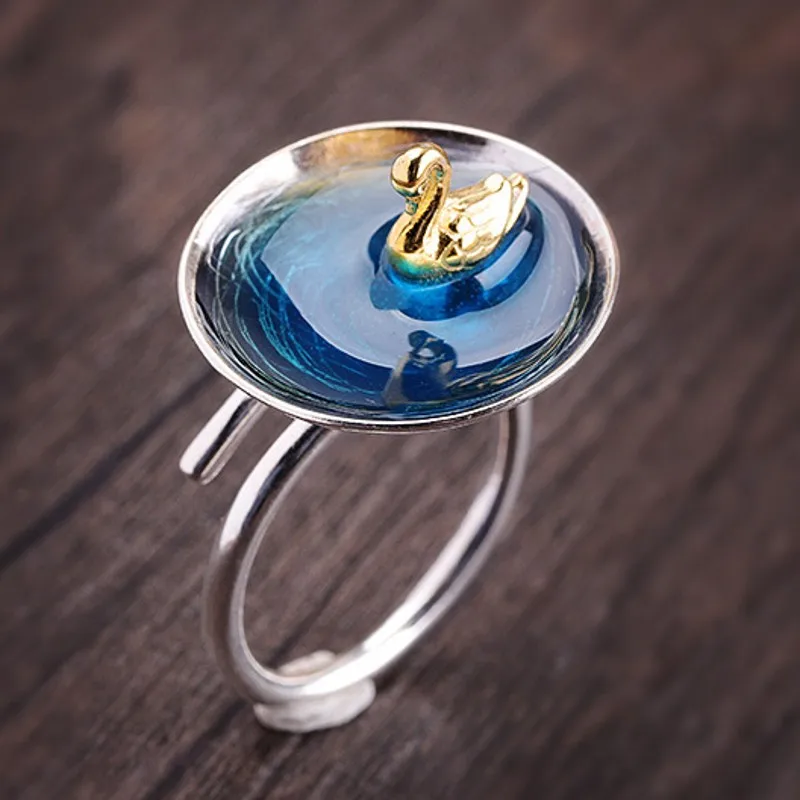 

BOCAI 2021 New Real S925 Silver Jewelry Woman Ring Fashion Burnt Blue Zen Little Swan Ring for Woman