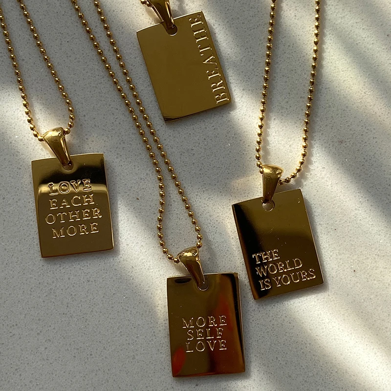 

2021 New Stylish Hiphop Personal Engraved Letter Message Square Pendant Necklace Beads Chain Stainless Steel Gold Necklace