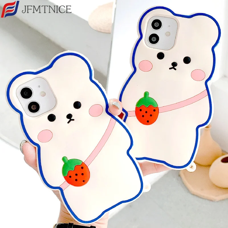 

3D Cute Cartoon Bear Strawberry Backpack Phone Case for IPhone 12 11 Pro XS Max XR X 6 S 7 8 Plus Shockproof Soft Silicone Cover