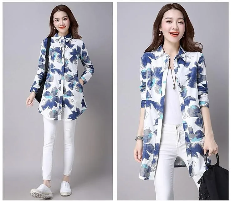 3009 Chinese Linen Shirt Women White Long Sleeve Retro Floral Print Shirt Women Cotton Long Linen Blouse Female Vintage Tunics