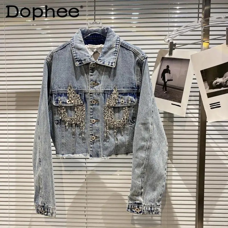

2021 Autumn New Hot Rhinestone Beaded Denim Jacket Women Washed Long Sleeve Single-Breasted Pocket Short Jean Jacket Coat Trendy