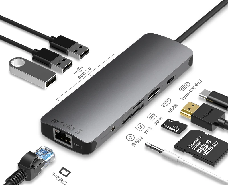 

Многопортовый концентратор USB C, 9 портов, с питанием от Ethernet,VGA,PD3.0, 3USB,SD/TF CR для устройств MacBook Air(Thunderbolt 3), Type-C