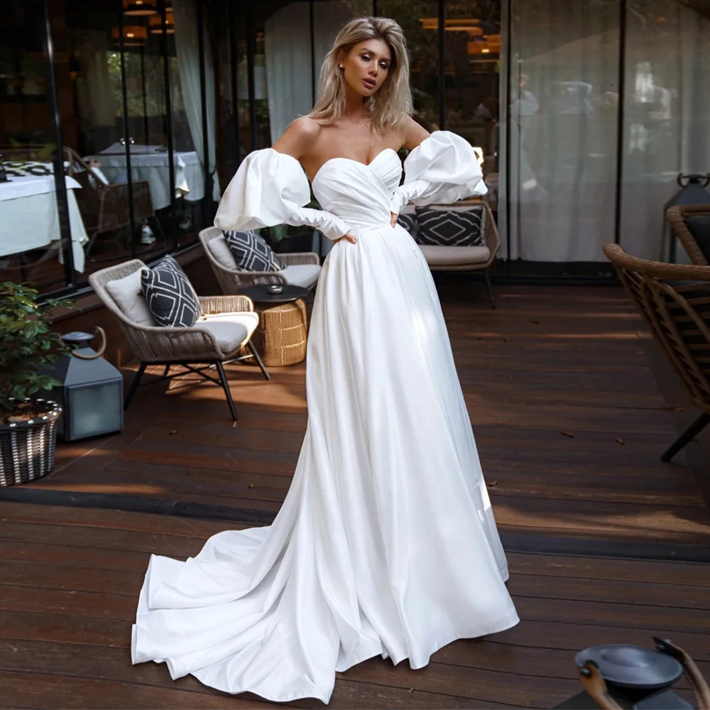 

Jiayigong Simple Bridal Dresses Puff Sleeves Sweetheart Wedding Dress Pleat Sweep Train A Line Wedding Gowns for Bride 2022