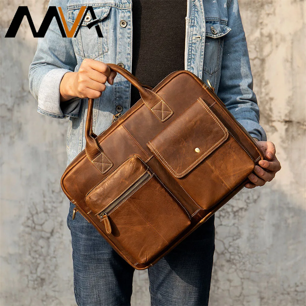 MVA Men's Genuine Leather Briefcase Fit 15inch Laptop Bag Men Handbag Crazy Horse Leather Men's Shoulder Bag For Documents Male