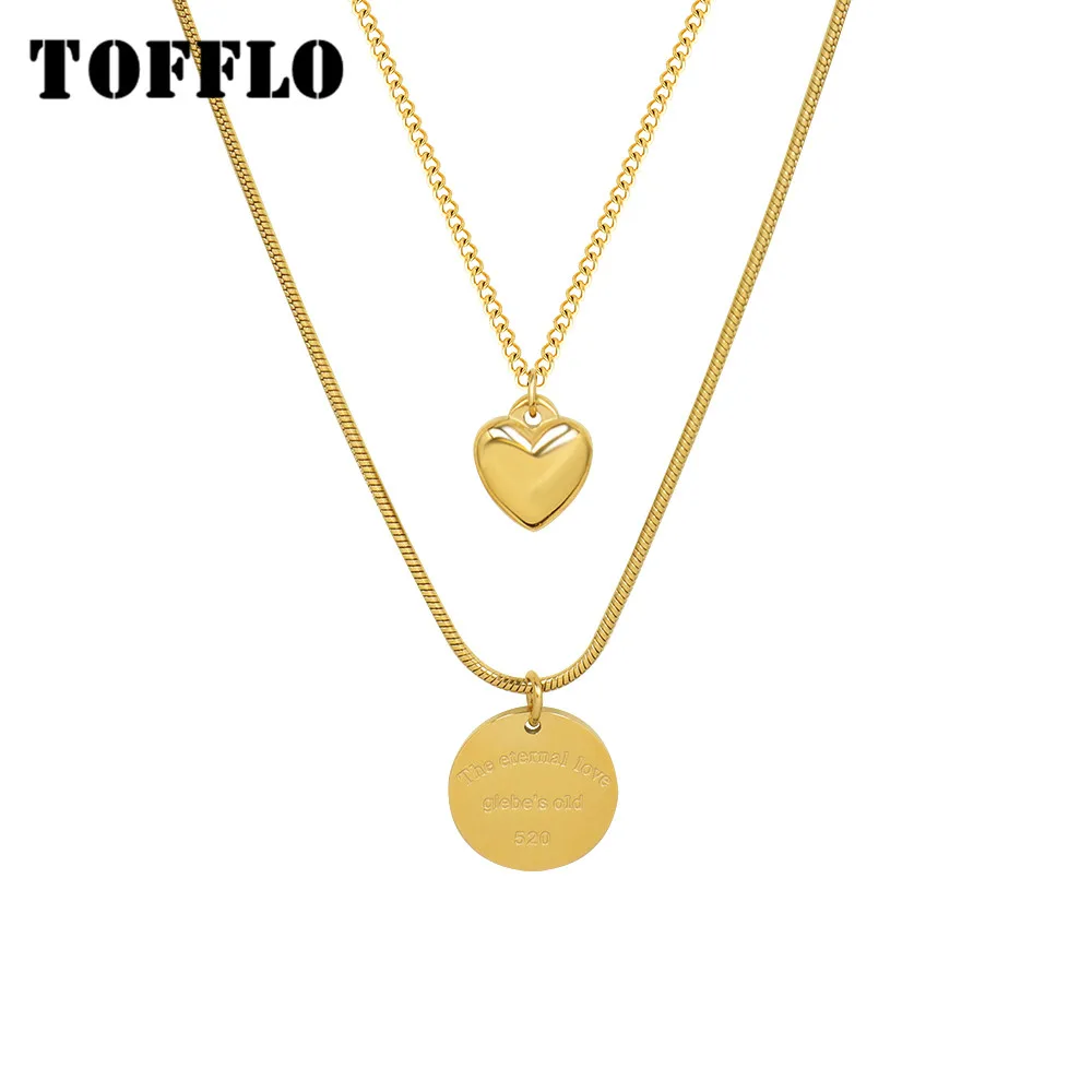 TOFFLO Stainless Steel Jewelry Round Peach Heart Love Pendant 18 K Golden Double Layer Necklace For Women BSP1106