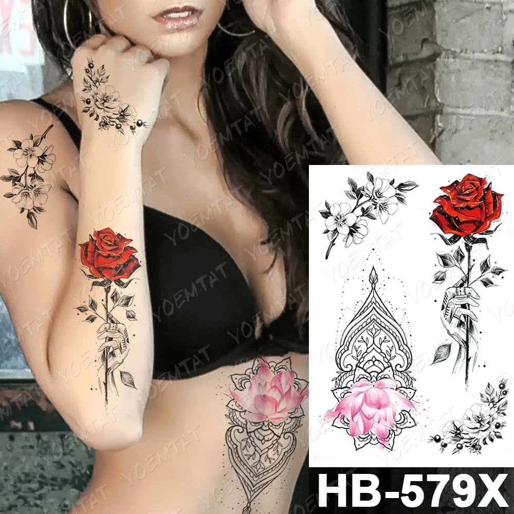 

Waterproof Temporary Tattoo Sticker Line Flowers Rose Flash Tattoos Leaves Fox Moon Body Art Arm Fake Tatoo Women Men