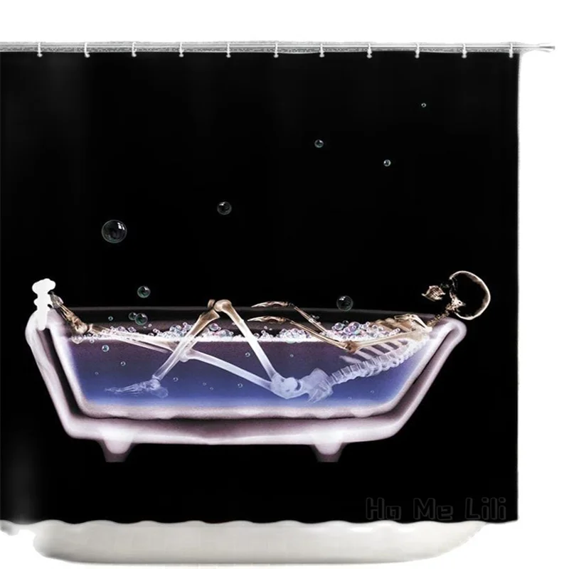 

Funny Skull By Ho Me Lili Shower Curtain Abstract Dark Horror Skeleton Lying In Bathtub Halloween Decor Polyester With Hooks