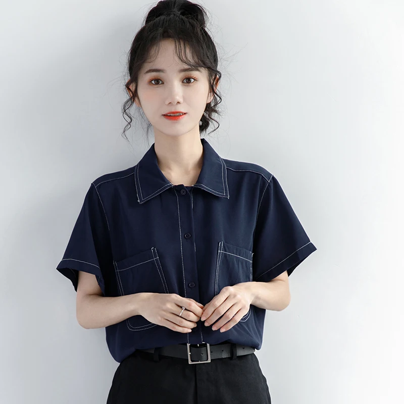 

2021 summer new retro port Style Blue Short Sleeve Shirt women loose Lapel shirt student Polo Top