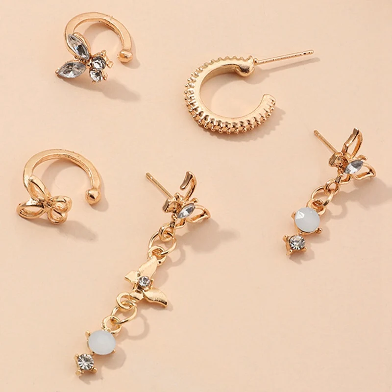 

2021 Hotsale Opal Butterfly Earrings 5Pcs Girls Crystal Rhinestone Long Ear Cuff Stud Small Clip Earrings Set Jewelry For Womens