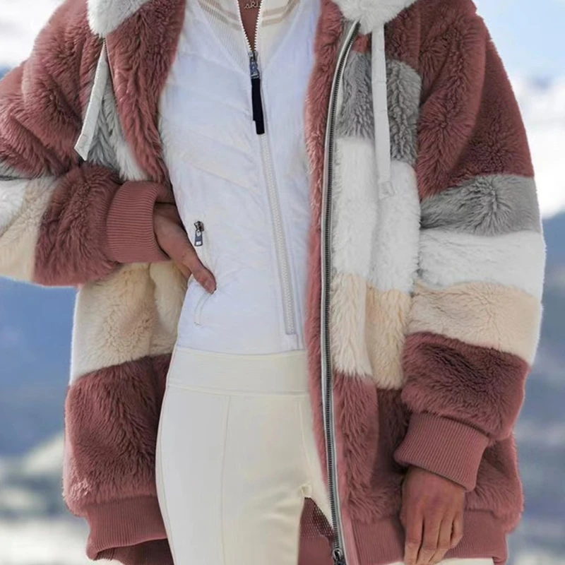 

KLV Women Winter Fuzzy Plush Warm Hoodie Jacket Long Sleeve Shaggy Oversized Coat Color Block Striped Zip Up Outerwear S-3XL
