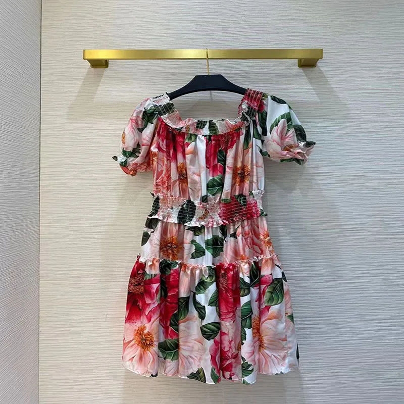 

2021 Summer Fashion Runway Vintage Mini Dress Women Slash Neck Short Sleeve Waist Elastic Noble Flowers Print Dresses