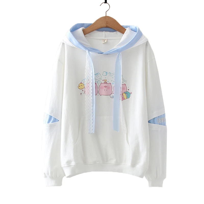 

Harajuku Anime Printed Patchwork Long Sleeve Women Hoodies Casual Soft Girl Loose Hooded Sweatshirt Preppy Lace Up Soft Pullover