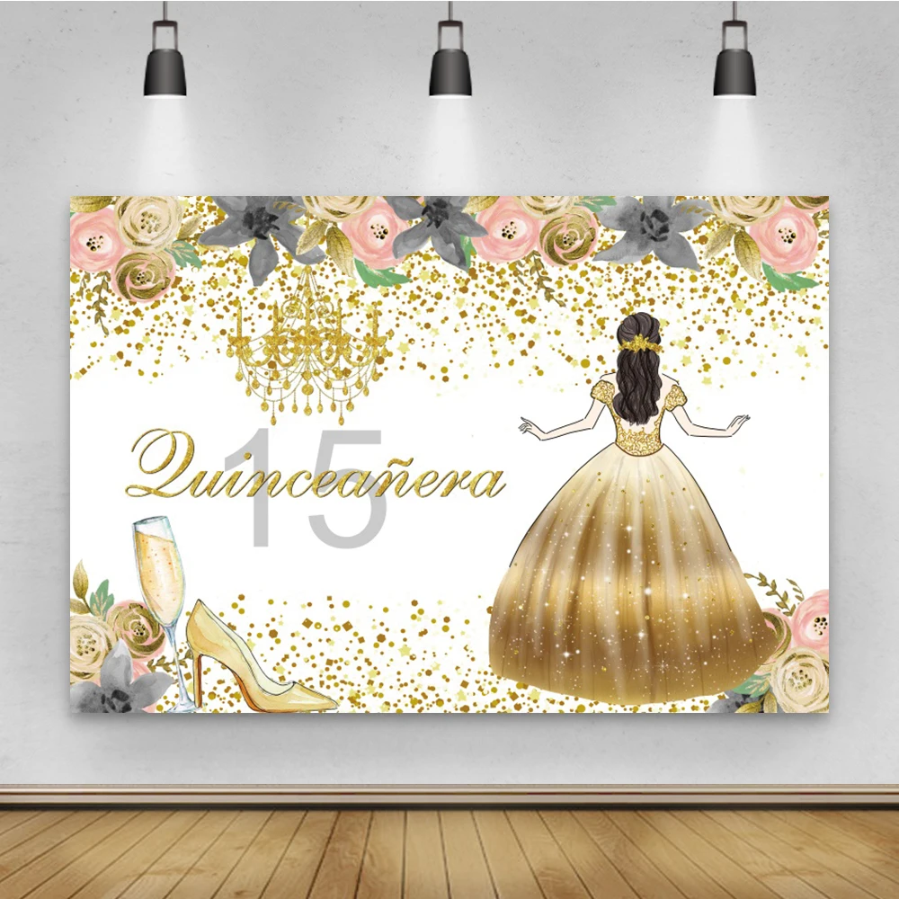 

Yeele Gold Glitter Dot Flower 15st Birthday Girl Photocall Background Wedding Wine Glass For Photo Studio Backdrop Photography