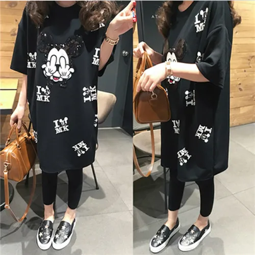Черный XL-5XL, подиумная футболка, платье, sequines, футболка, повседневная, с мультяшным принтом, женская футболка, топы, большие размеры, Черная Футболка, большой размер - Цвет: Черный