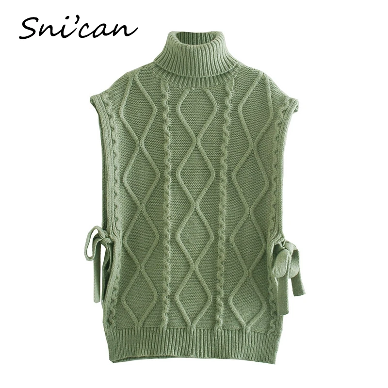 

Snican Green Sleeveless Turtleneck Sweater Za 2021 Women Fashion Pullover Ladies Tops Jumper Casual Pull Sans Manches Femme