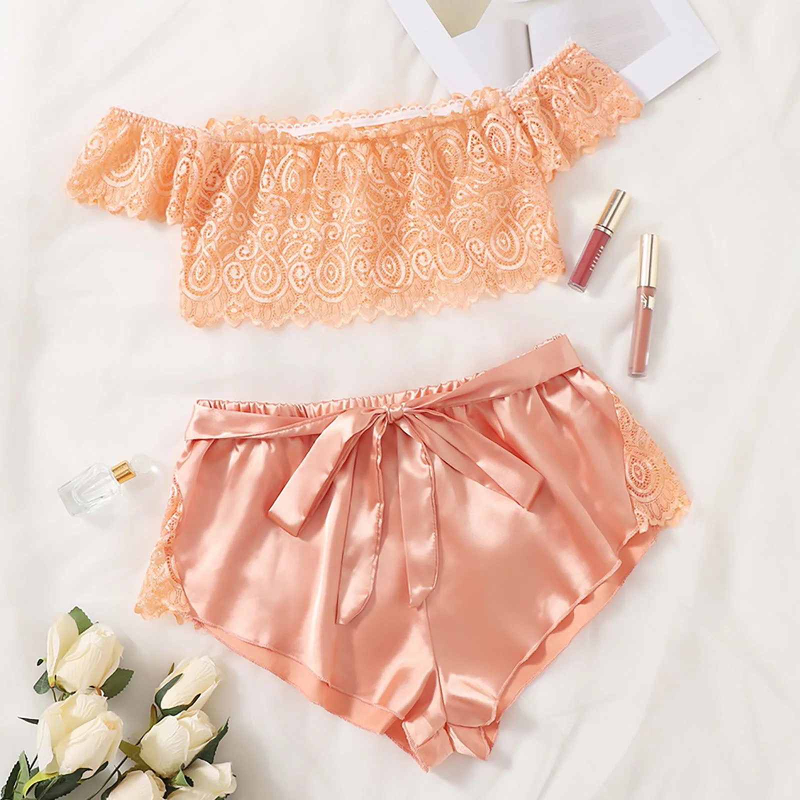 

Satin Silk Pajamas Women Nightdress Off Shouider Lingerie Lace Underwear Pink See Through Sleepwear 2pcs Women's Home Clothes