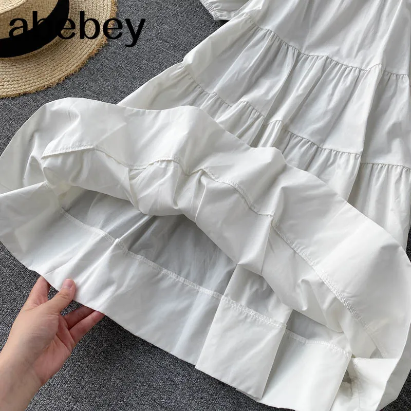 

Women Sweet French Dress Elastic Ruched Square Collar Short Sleeve A-line Dresses Summer Casual Streetwear Midi Dress