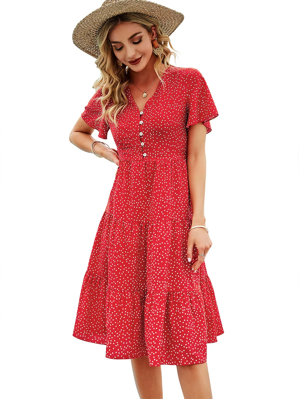 

Women's Summer Boho Dot Sleeveless V Neck Swing Midi Dress