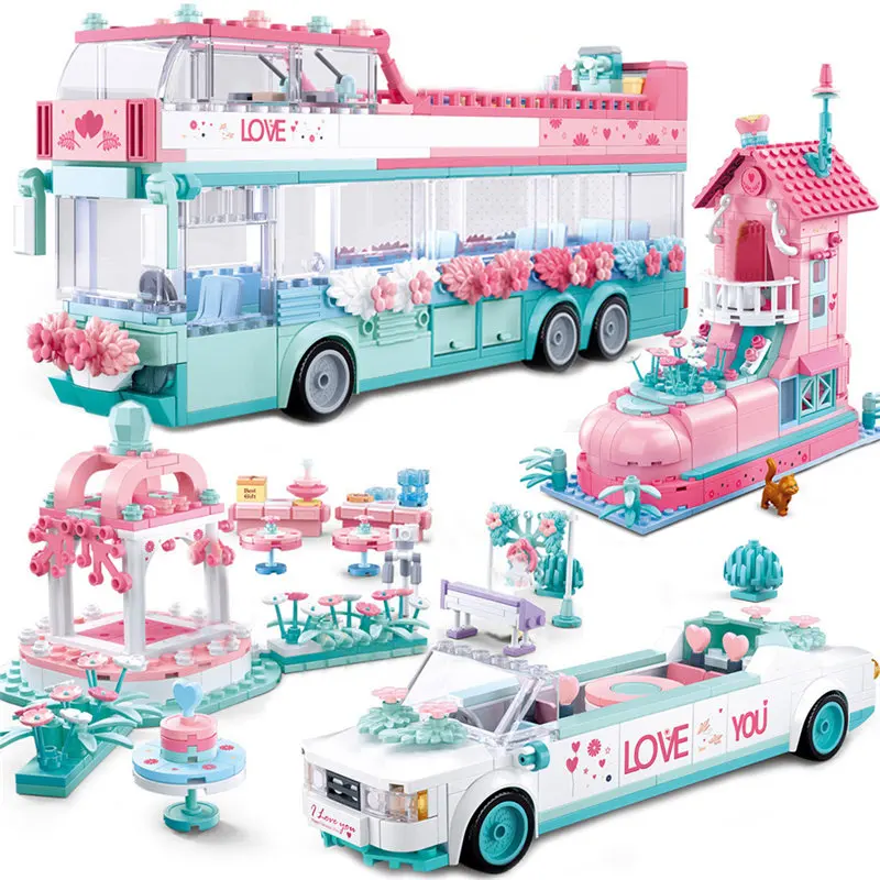 City Friends Wedding Car Bus House Party  Block Set Girls Romantic Pink Dream Building Brick Toy