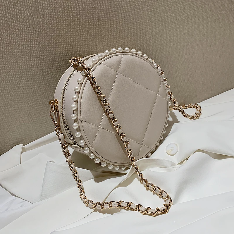 Клетчатая круглая сумка через плечо с жемчугом 2020 модная новинка