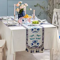 Cotton Linen Tassel Table Runner Blue White Pastoral Style Printed Tablecloth Home Hotel Dining Table Runners Cloth Bed Runner