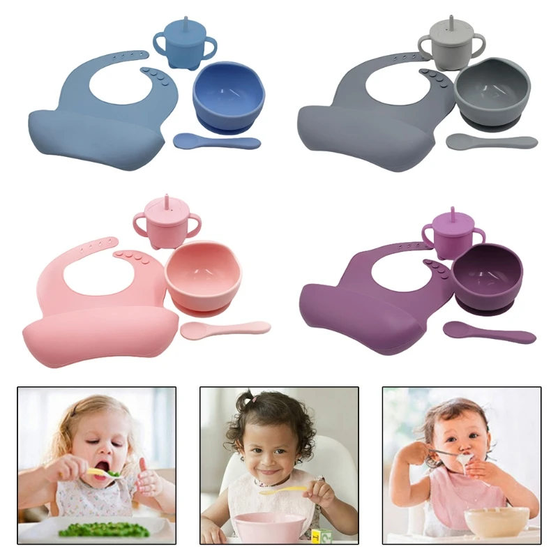 

B36E 4 Pcs Baby Silicone Bibs Sucker Bowl Spoon Straw Cup Set Training Feeding Food Utensil Dishes Tableware Kit for Newborn
