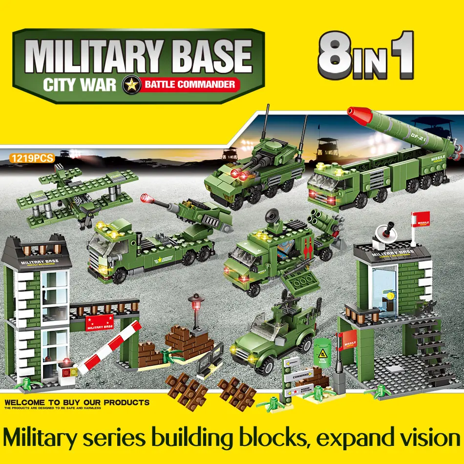 

1219pcs Military Base Battle Bricks Commander WW2 City War Forces Truck Model 8 IN 1 Building Blocks Toy For Boys