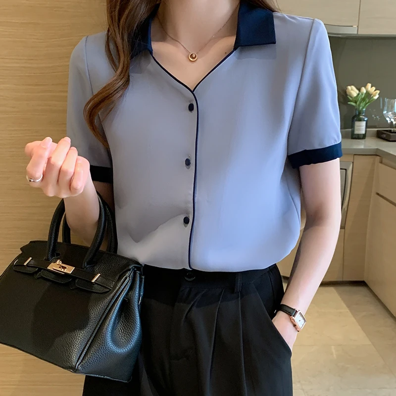 

Fashion Women's Shirt Summer Solid Blouses for Women Short Sleeve Top Women Blue Vintage V-neck Clothing Female 2021 Basic Shirt