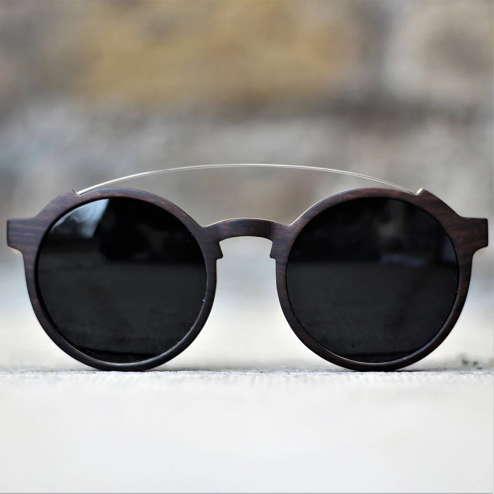 Unique Round Wood Sunglasses With Metal Bridge Modern Men Women Polarized Ebony Black Sun Glasses UV400 Handmade Oversize Shades