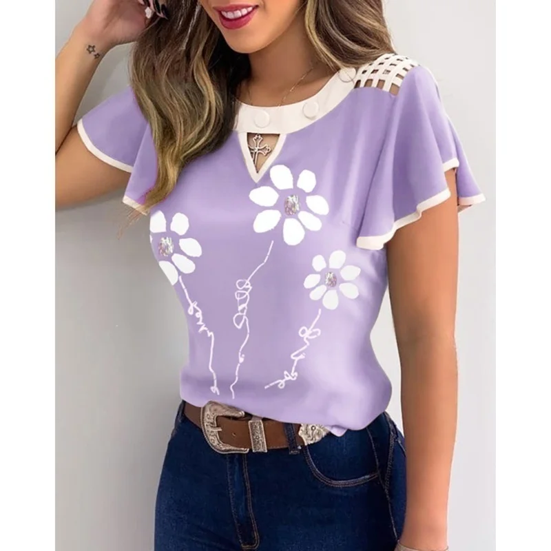 

Plus Size Women's Fashion Loose Casual Floral print short sleeves Petal sleeve Hollow out Summer shirt tops
