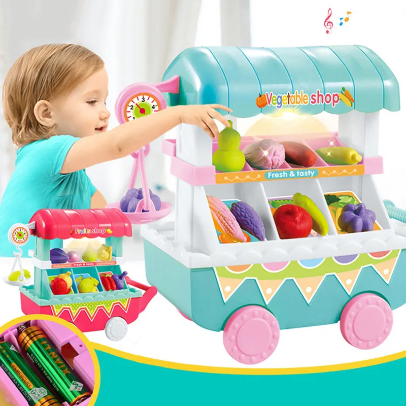 Funny Shopping Cart Toy Simulation Mini Food Vegetable Fruit Shop Trolley with LED Light Music Pretend Play Groceries Toys | Игрушки и
