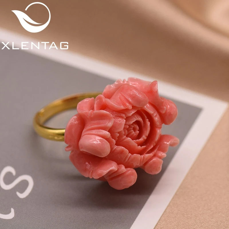 XlentAg, дизайн, 925 пробы, серебряная, Коралловая пудра, цветок, регулируемое кольцо для женщин, вечерние, подарочное кольцо, хорошее ювелирное изделие GR0223