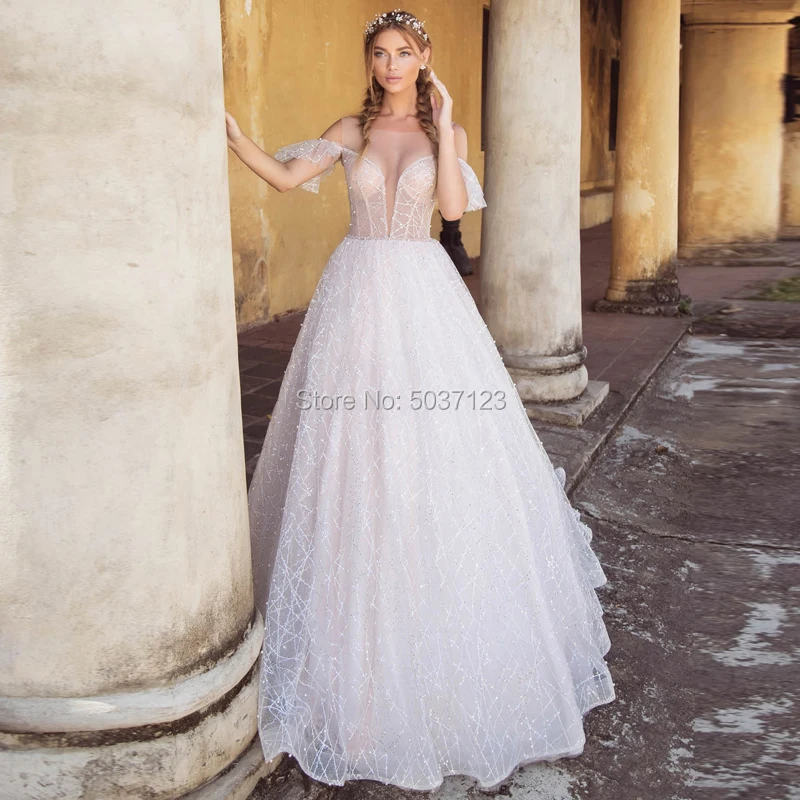 Сверкающие тюлевые Свадебные платья трапециевидной формы с открытыми плечами